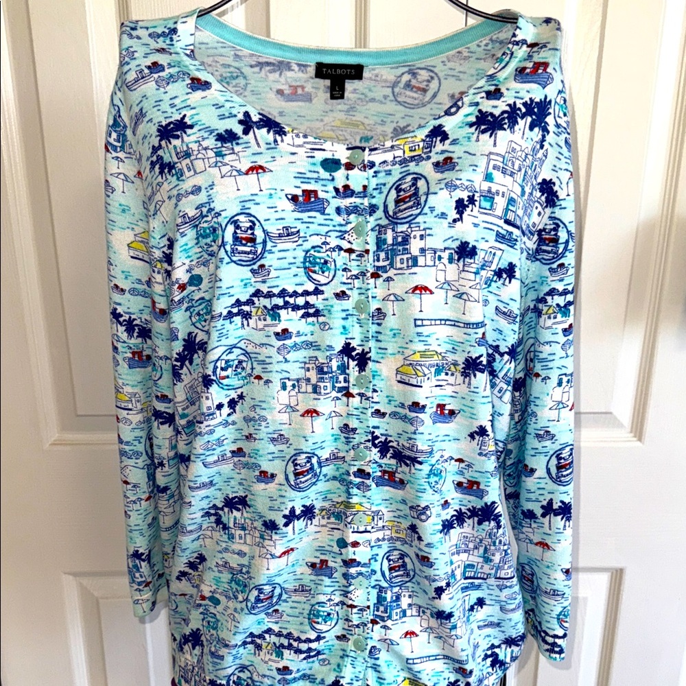 NWOT-Talbots charming Light Blue Coastal Print button down cardigan sweater. L